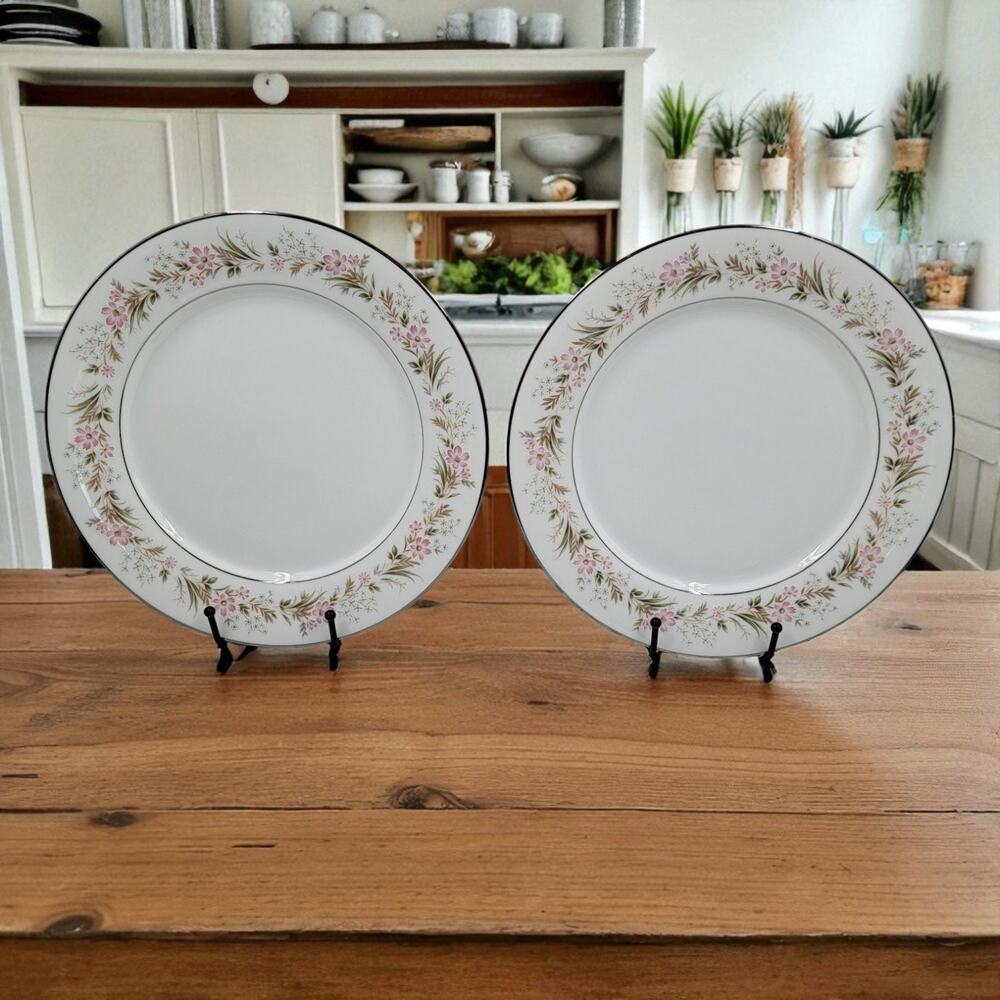 Noritake Mayflower 10 1/2" Dinner Plates 2351 Pink Blue Flowers Silver Set of 2